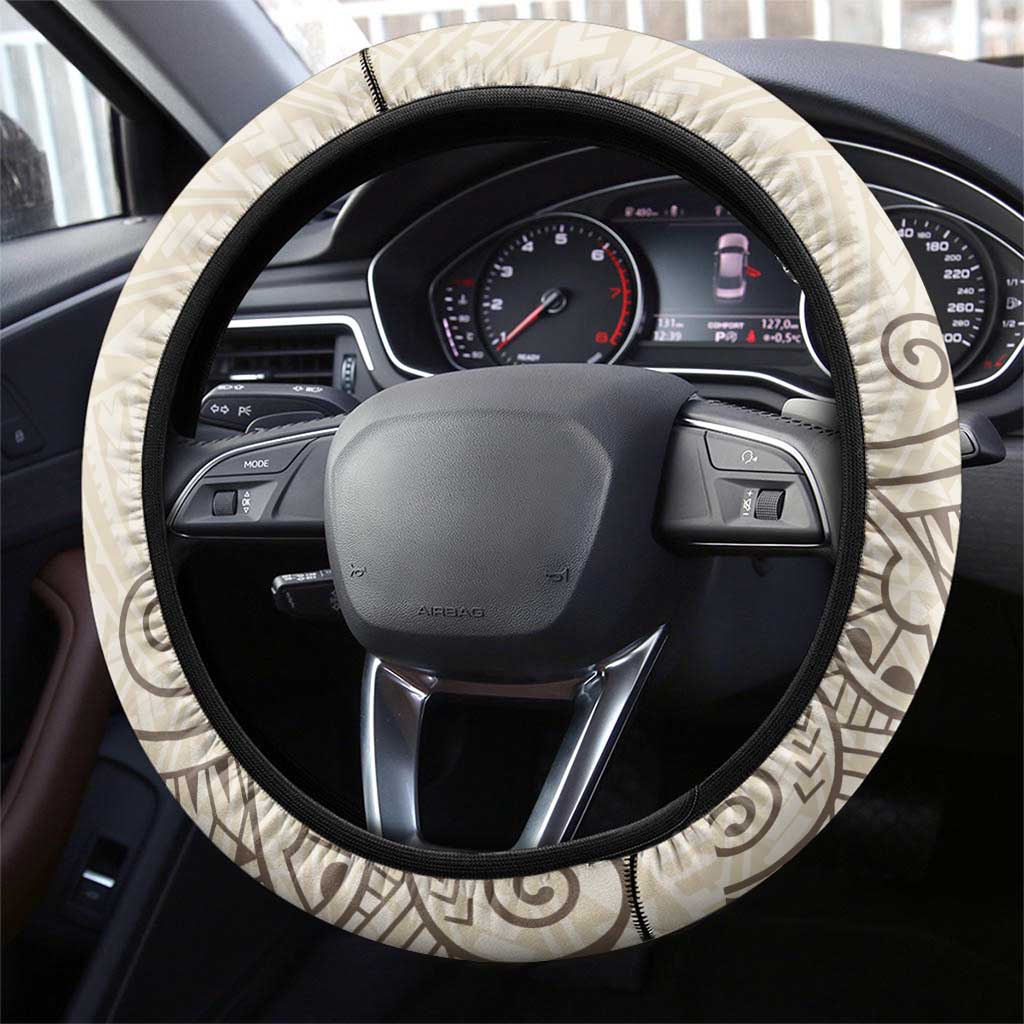 Beige Hawaii Steering Wheel Cover Hammerhead Shark Tattoo Curve Polynesian - Polynesian Pride