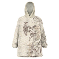 Beige Hawaii Wearable Blanket Hoodie Hammerhead Shark Tattoo Curve Polynesian - Polynesian Pride