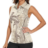 Beige Hawaii Women Sleeveless Polo Shirt Hammerhead Shark Tattoo Curve Polynesian LT14 - Polynesian Pride