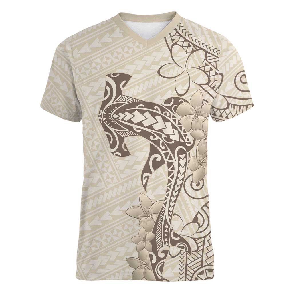Beige Hawaii Women V-Neck T-Shirt Hammerhead Shark Tattoo Curve Polynesian LT14 Female Beige - Polynesian Pride