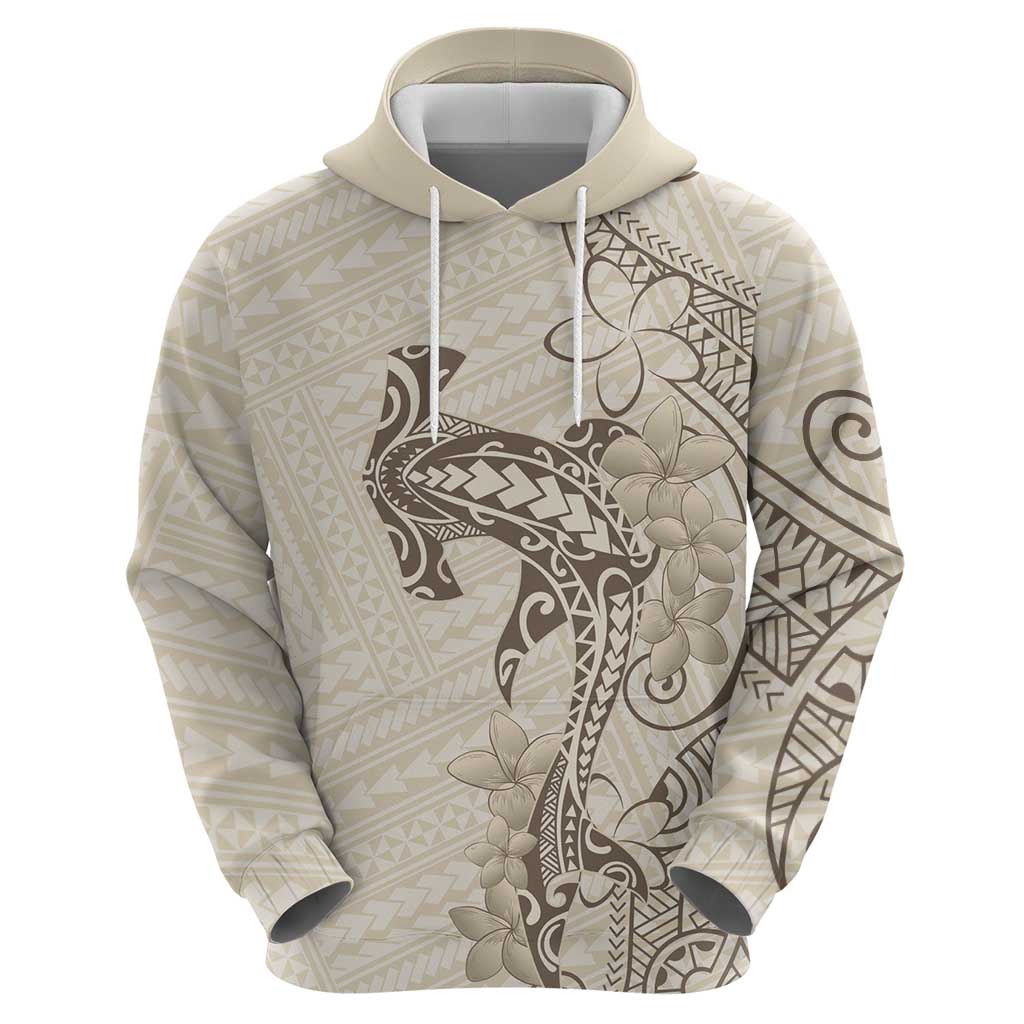 Beige Hawaii Zip Hoodie Hammerhead Shark Tattoo Curve Polynesian - Polynesian Pride