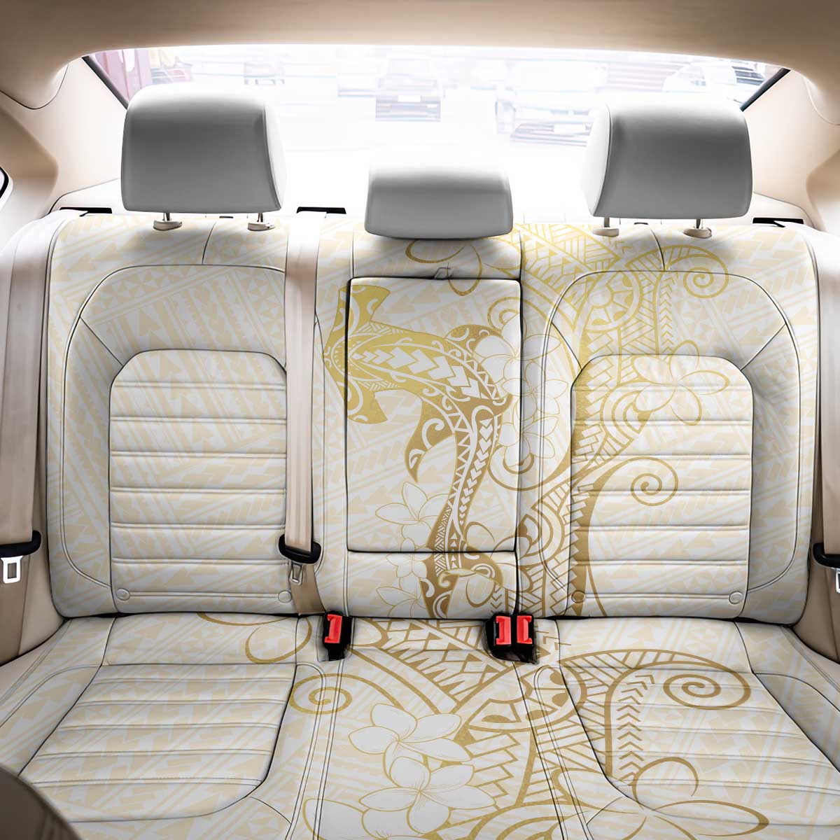 Gold and White Hawaii Back Car Seat Cover Hammerhead Shark Tattoo Curve Polynesian - Polynesian Pride