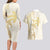 Gold and White Hawaii Couples Matching Long Sleeve Bodycon Dress and Hawaiian Shirt Hammerhead Shark Tattoo Curve Polynesian - Polynesian Pride