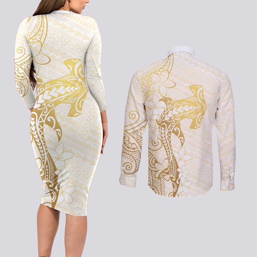 Gold and White Hawaii Couples Matching Long Sleeve Bodycon Dress and Long Sleeve Button Shirt Hammerhead Shark Tattoo Curve Polynesian - Polynesian Pride