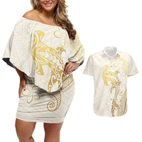 Gold and White Hawaii Couples Matching Off Shoulder Short Dress and Hawaiian Shirt Hammerhead Shark Tattoo Curve Polynesian - Polynesian Pride