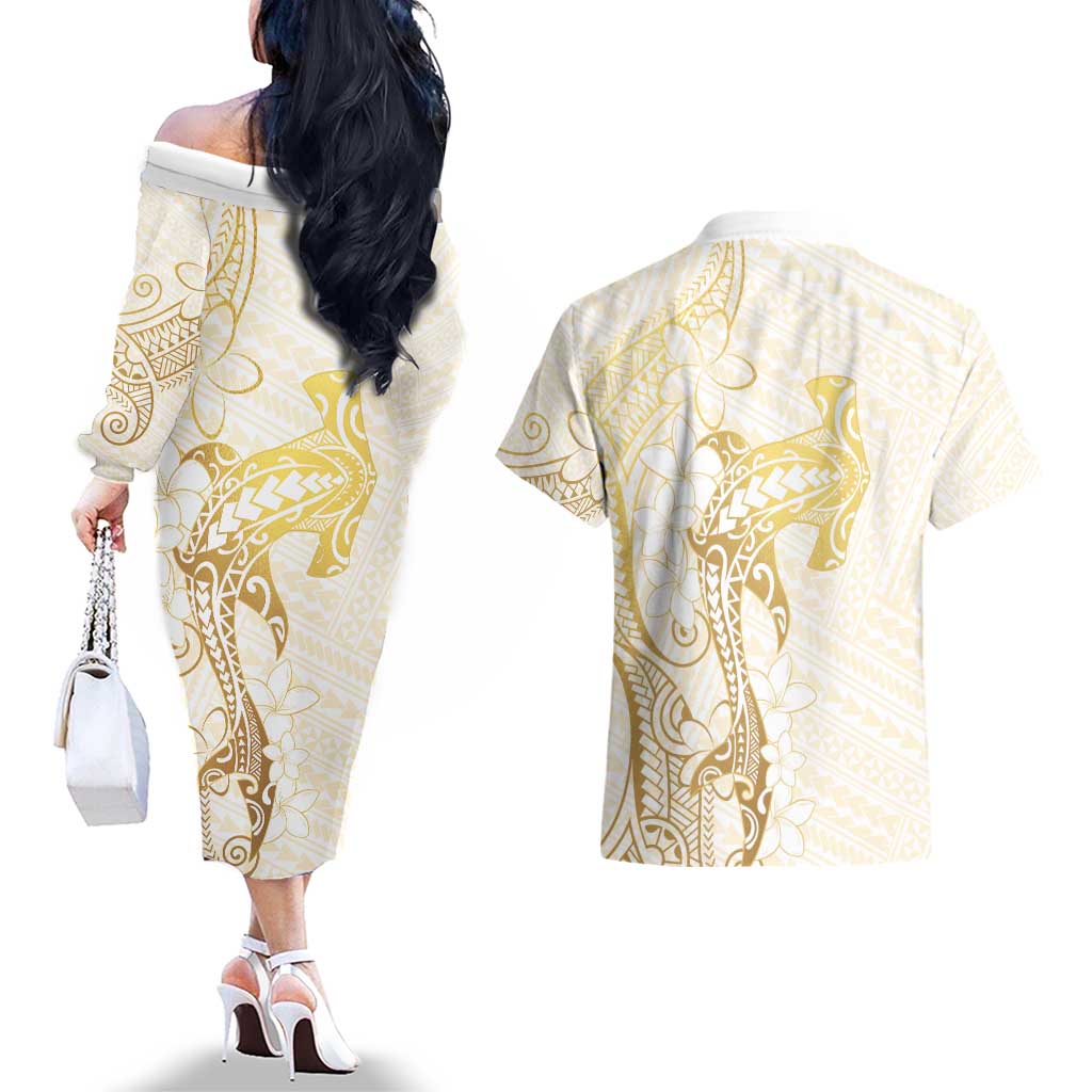 Gold and White Hawaii Couples Matching Off The Shoulder Long Sleeve Dress and Hawaiian Shirt Hammerhead Shark Tattoo Curve Polynesian - Polynesian Pride