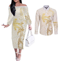 Gold and White Hawaii Couples Matching Off The Shoulder Long Sleeve Dress and Long Sleeve Button Shirt Hammerhead Shark Tattoo Curve Polynesian - Polynesian Pride
