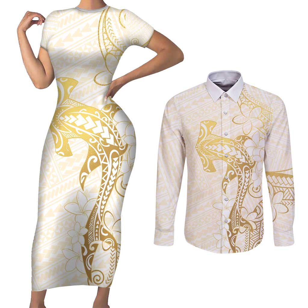Gold and White Hawaii Couples Matching Short Sleeve Bodycon Dress and Long Sleeve Button Shirt Hammerhead Shark Tattoo Curve Polynesian - Polynesian Pride