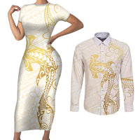 Gold and White Hawaii Couples Matching Short Sleeve Bodycon Dress and Long Sleeve Button Shirt Hammerhead Shark Tattoo Curve Polynesian - Polynesian Pride
