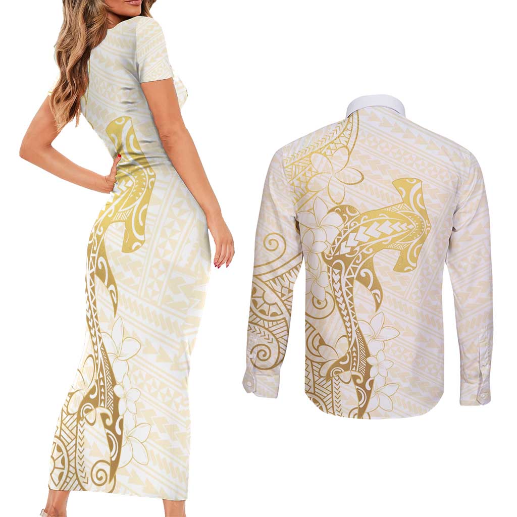 Gold and White Hawaii Couples Matching Short Sleeve Bodycon Dress and Long Sleeve Button Shirt Hammerhead Shark Tattoo Curve Polynesian - Polynesian Pride