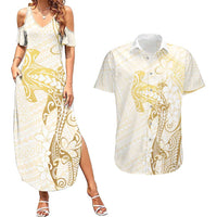Gold and White Hawaii Couples Matching Summer Maxi Dress and Hawaiian Shirt Hammerhead Shark Tattoo Curve Polynesian - Polynesian Pride