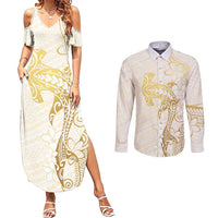 Gold and White Hawaii Couples Matching Summer Maxi Dress and Long Sleeve Button Shirt Hammerhead Shark Tattoo Curve Polynesian - Polynesian Pride