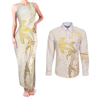 Gold and White Hawaii Couples Matching Tank Maxi Dress and Long Sleeve Button Shirt Hammerhead Shark Tattoo Curve Polynesian - Polynesian Pride