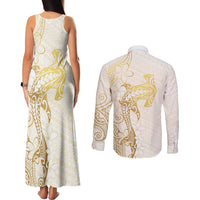 Gold and White Hawaii Couples Matching Tank Maxi Dress and Long Sleeve Button Shirt Hammerhead Shark Tattoo Curve Polynesian - Polynesian Pride