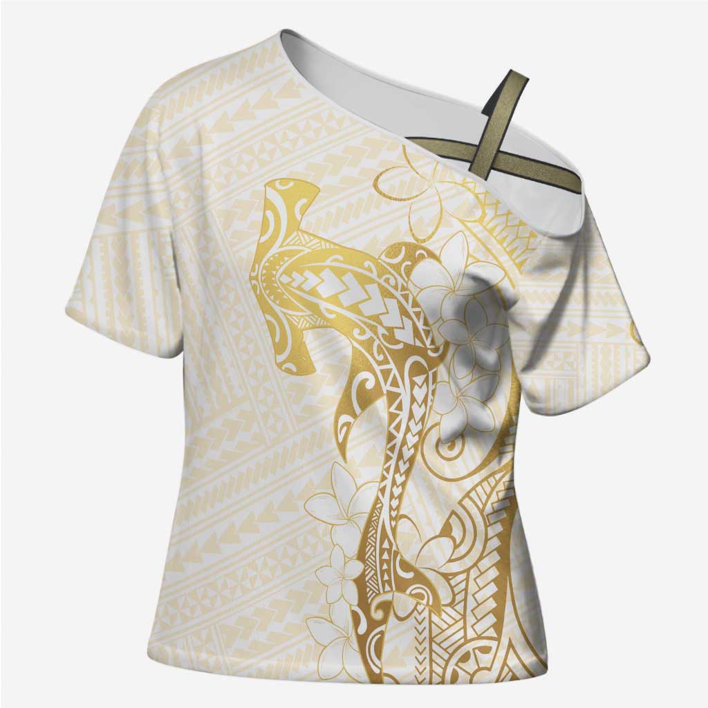 Gold and White Hawaii Cross Shoulder Shirt Hammerhead Shark Tattoo Curve Polynesian LT14 Female White - Polynesian Pride