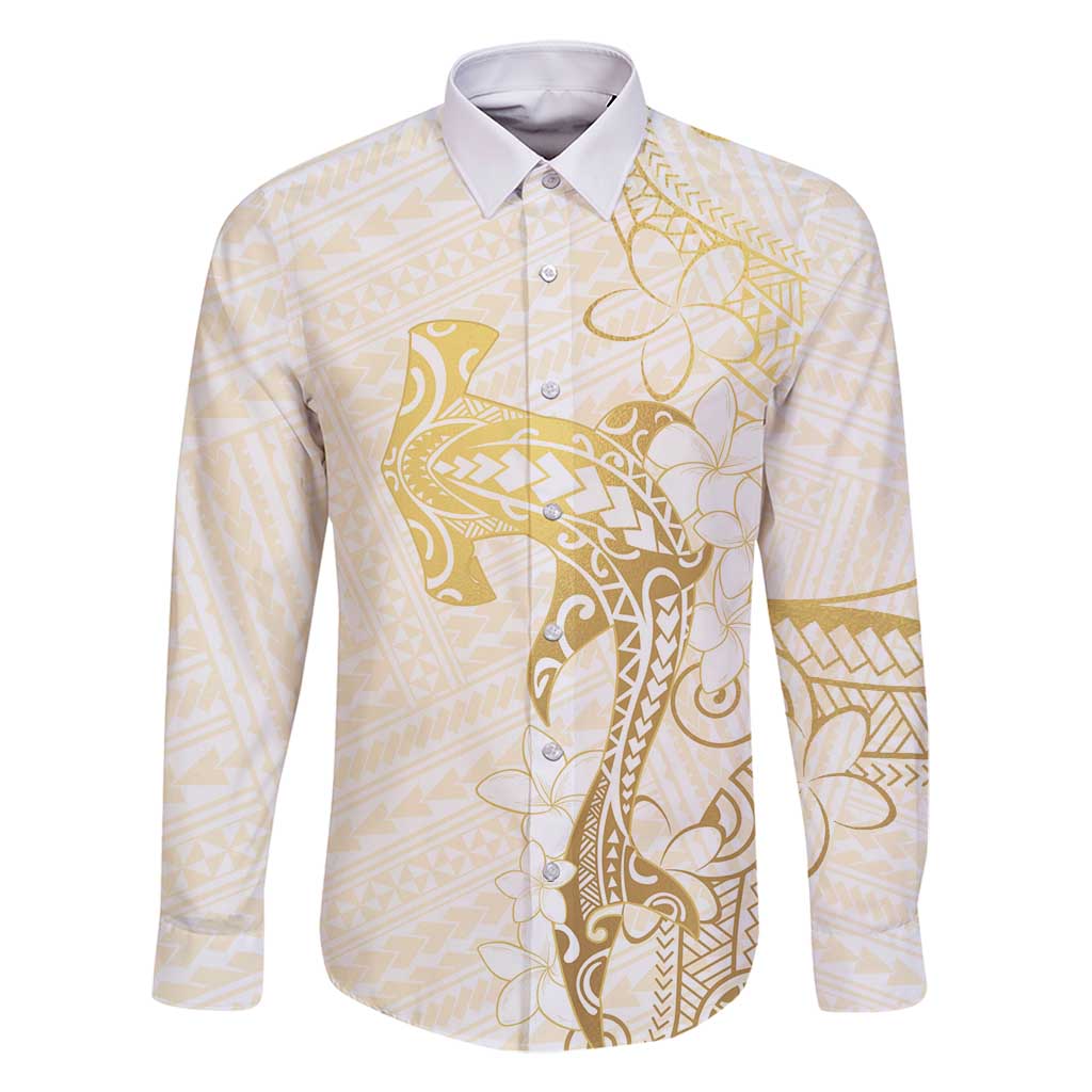 Gold and White Hawaii Family Matching Long Sleeve Bodycon Dress and Hawaiian Shirt Hammerhead Shark Tattoo Curve Polynesian - Polynesian Pride