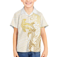 Gold and White Hawaii Family Matching Long Sleeve Bodycon Dress and Hawaiian Shirt Hammerhead Shark Tattoo Curve Polynesian - Polynesian Pride