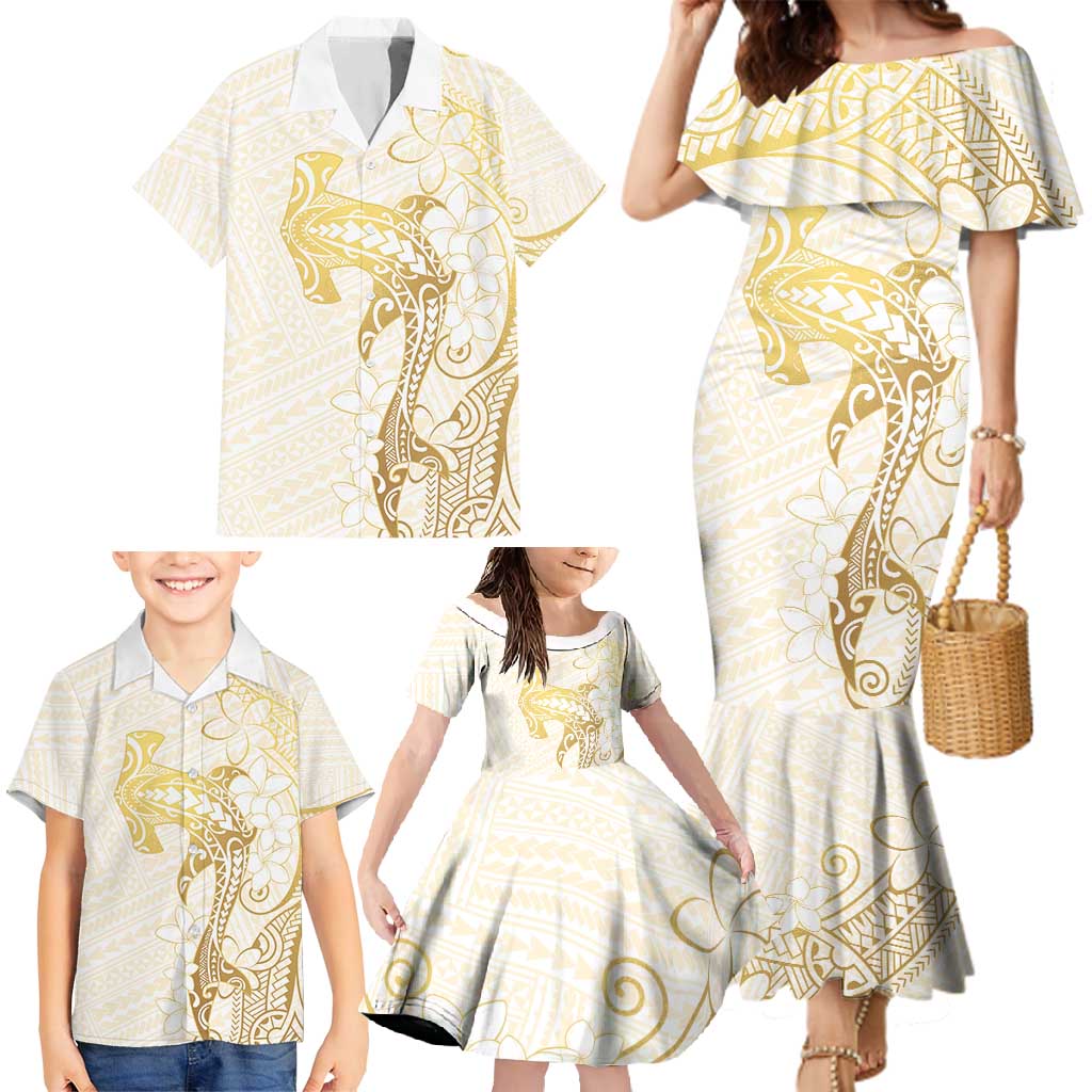 Gold and White Hawaii Family Matching Mermaid Dress and Hawaiian Shirt Hammerhead Shark Tattoo Curve Polynesian - Polynesian Pride