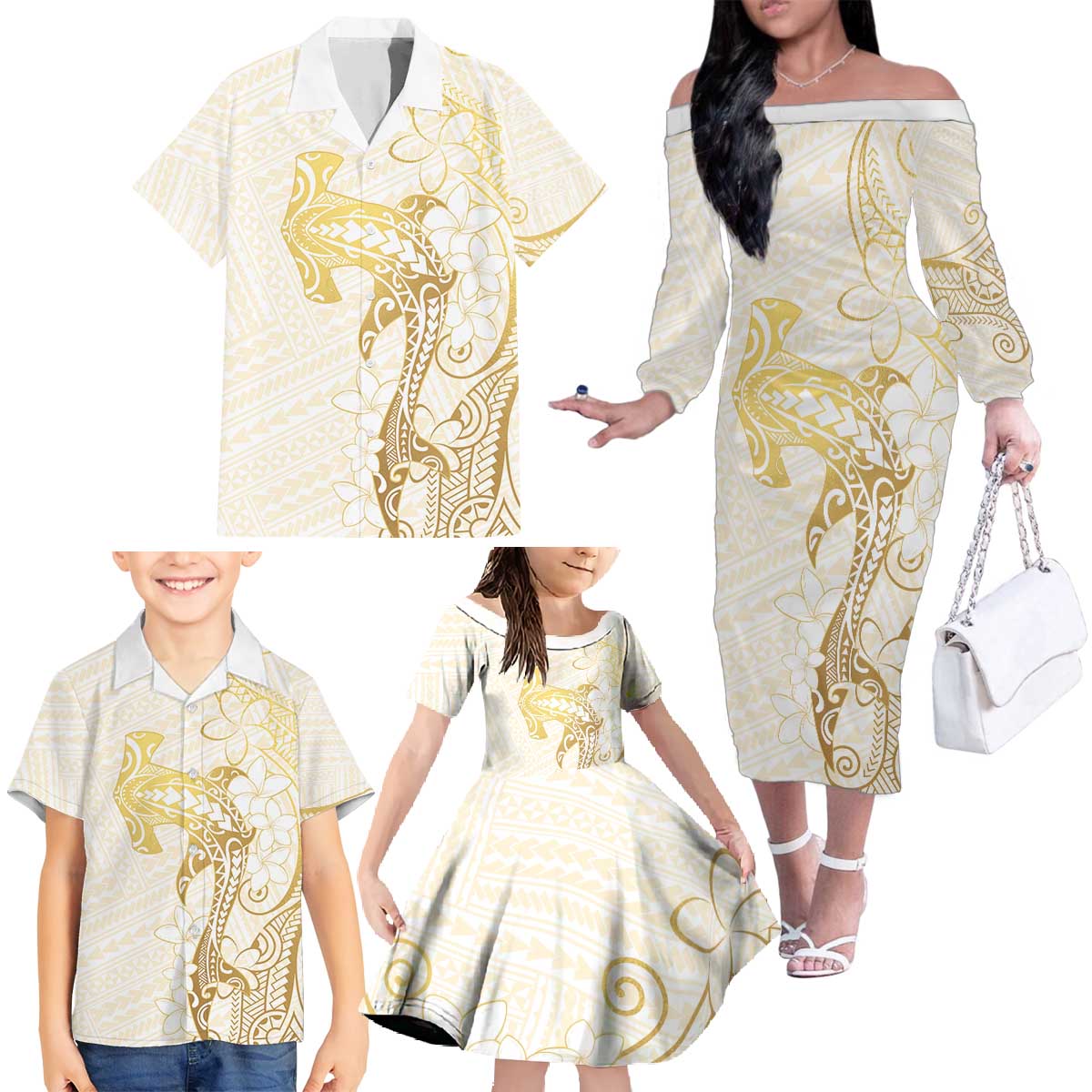 Gold and White Hawaii Family Matching Off The Shoulder Long Sleeve Dress and Hawaiian Shirt Hammerhead Shark Tattoo Curve Polynesian - Polynesian Pride