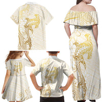 Gold and White Hawaii Family Matching Off Shoulder Maxi Dress and Hawaiian Shirt Hammerhead Shark Tattoo Curve Polynesian - Polynesian Pride