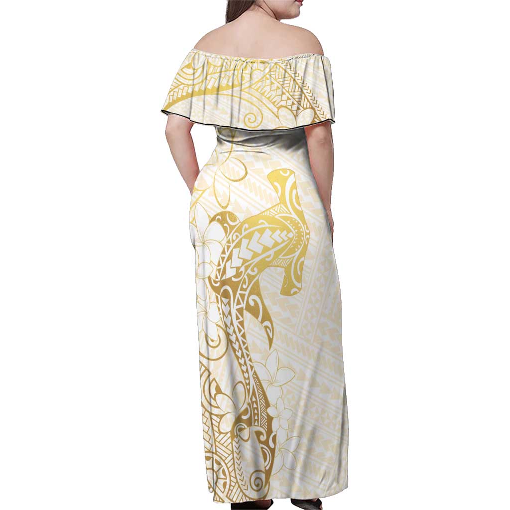 Gold and White Hawaii Family Matching Off Shoulder Maxi Dress and Hawaiian Shirt Hammerhead Shark Tattoo Curve Polynesian - Polynesian Pride