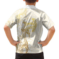 Gold and White Hawaii Family Matching Puletasi and Hawaiian Shirt Hammerhead Shark Tattoo Curve Polynesian - Polynesian Pride