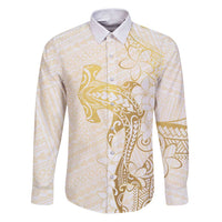 Gold and White Hawaii Family Matching Puletasi and Hawaiian Shirt Hammerhead Shark Tattoo Curve Polynesian - Polynesian Pride