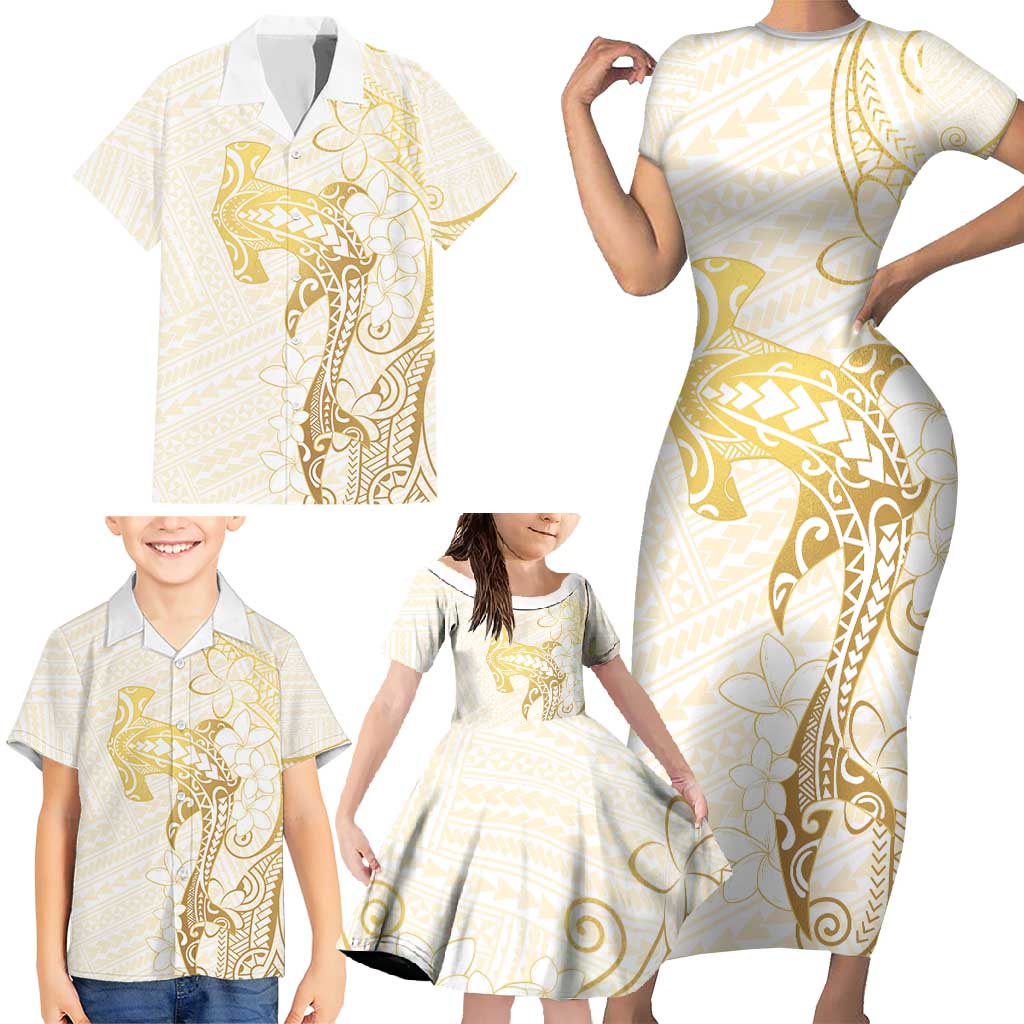 Gold and White Hawaii Family Matching Short Sleeve Bodycon Dress and Hawaiian Shirt Hammerhead Shark Tattoo Curve Polynesian - Polynesian Pride
