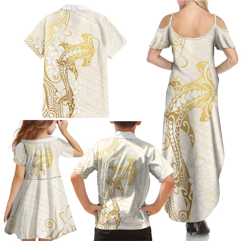 Gold and White Hawaii Family Matching Summer Maxi Dress and Hawaiian Shirt Hammerhead Shark Tattoo Curve Polynesian - Polynesian Pride