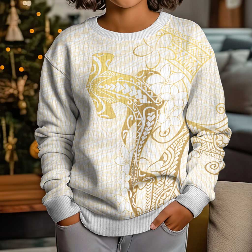Gold and White Hawaii Kid Ugly Christmas Sweater Hammerhead Shark Tattoo Curve Polynesian - Polynesian Pride