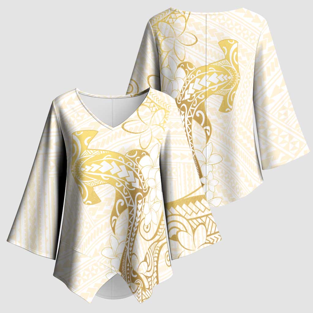 Gold and White Hawaii Kimono Sleeve Blouse Hammerhead Shark Tattoo Curve Polynesian - Polynesian Pride
