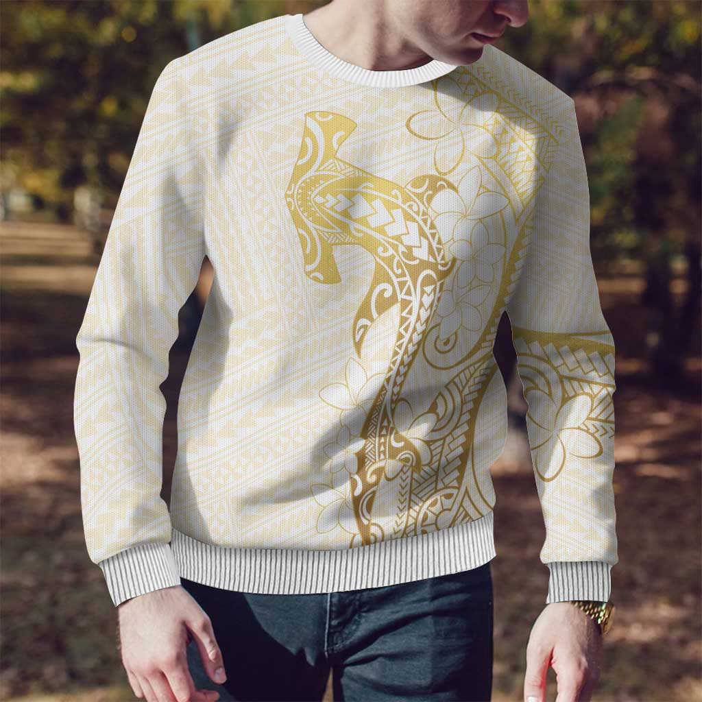 Gold and White Hawaii Ugly Christmas Sweater Hammerhead Shark Tattoo Curve Polynesian - Polynesian Pride