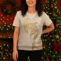 Gold and White Hawaii Christmas Knitted V-Neck Vest Hammerhead Shark Tattoo Curve Polynesian - Polynesian Pride