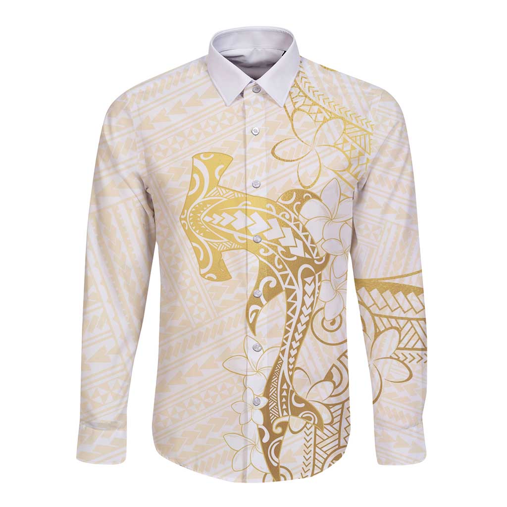 Gold and White Hawaii Long Sleeve Button Shirt Hammerhead Shark Tattoo Curve Polynesian LT14 Unisex White - Polynesian Pride