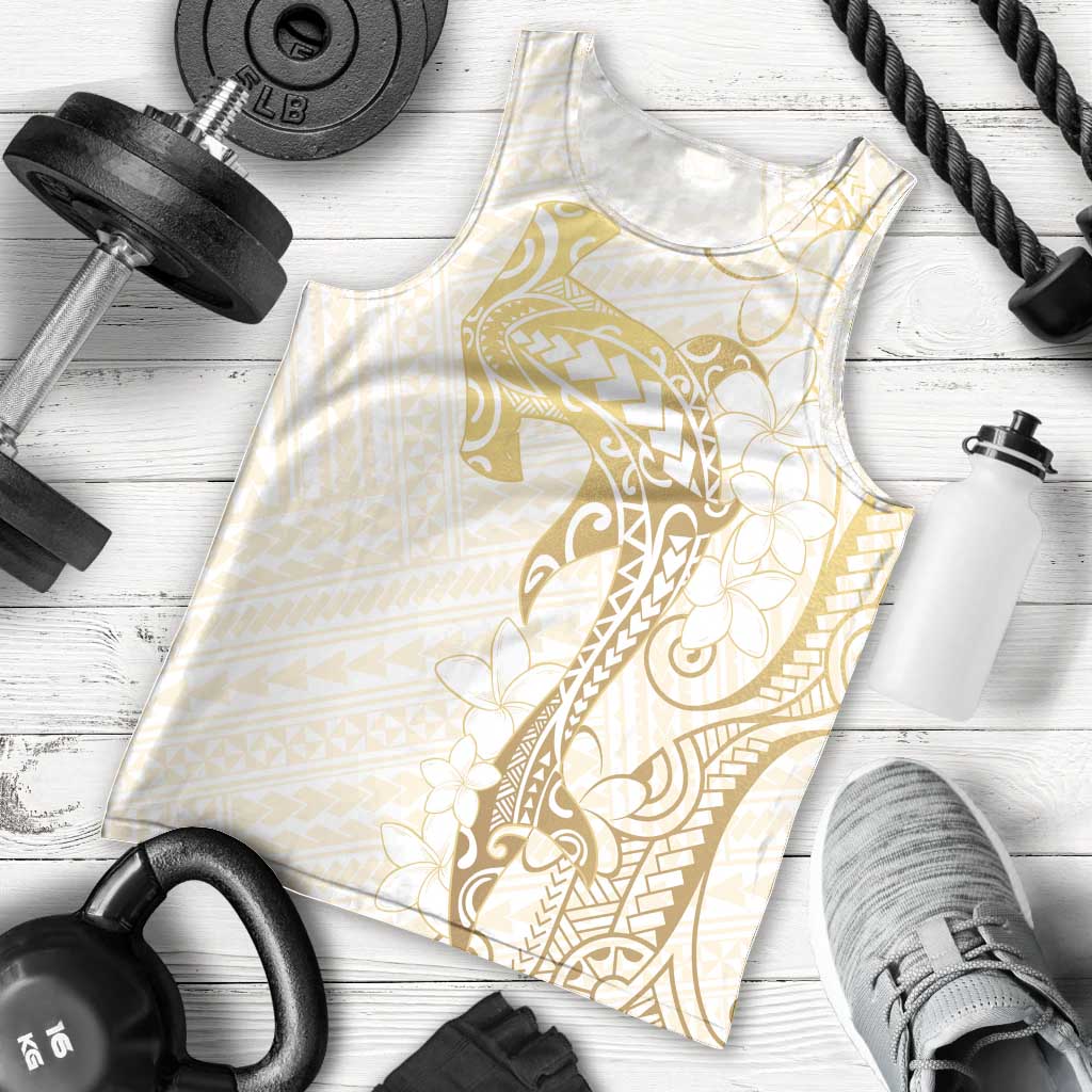 Gold and White Hawaii Men Tank Top Hammerhead Shark Tattoo Curve Polynesian - Polynesian Pride
