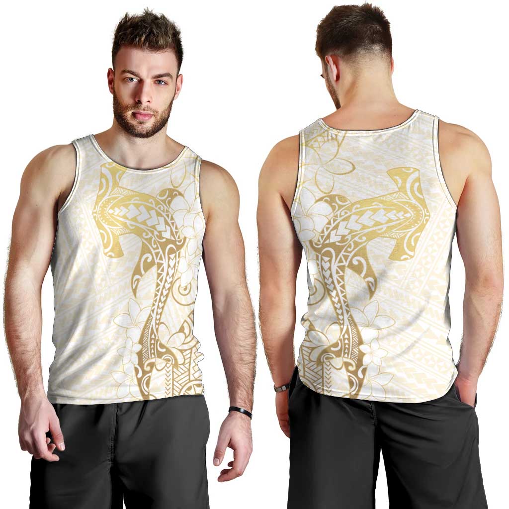 Gold and White Hawaii Men Tank Top Hammerhead Shark Tattoo Curve Polynesian - Polynesian Pride