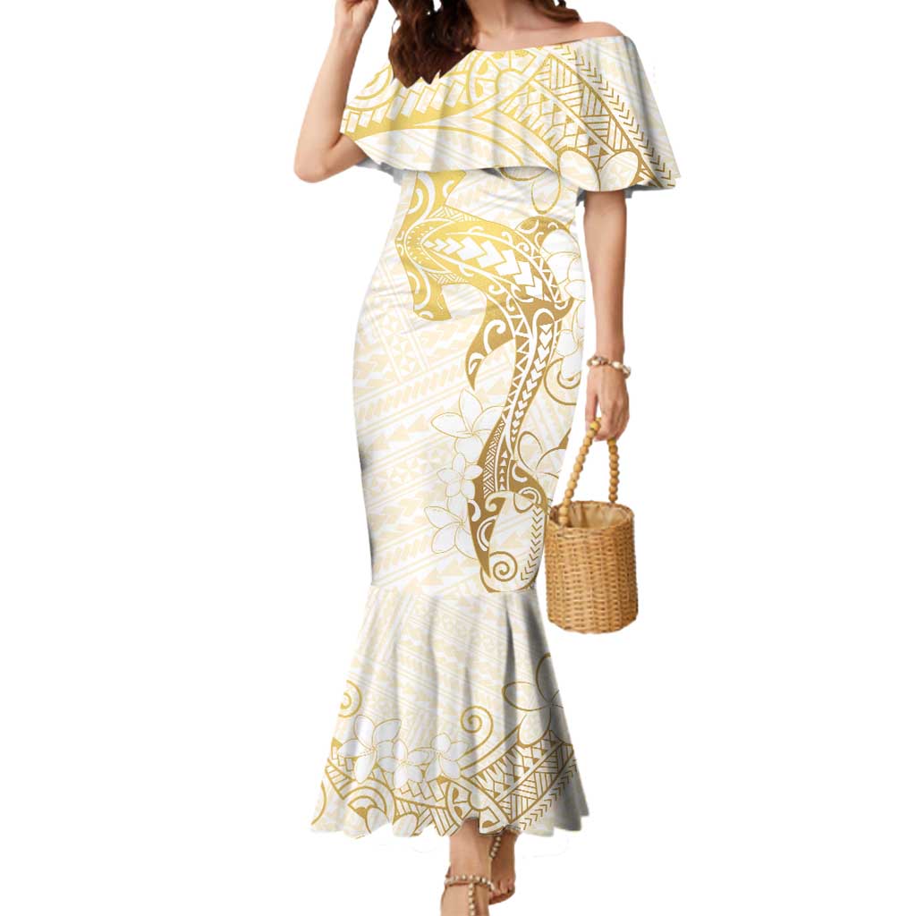 Gold and White Hawaii Mermaid Dress Hammerhead Shark Tattoo Curve Polynesian - Polynesian Pride