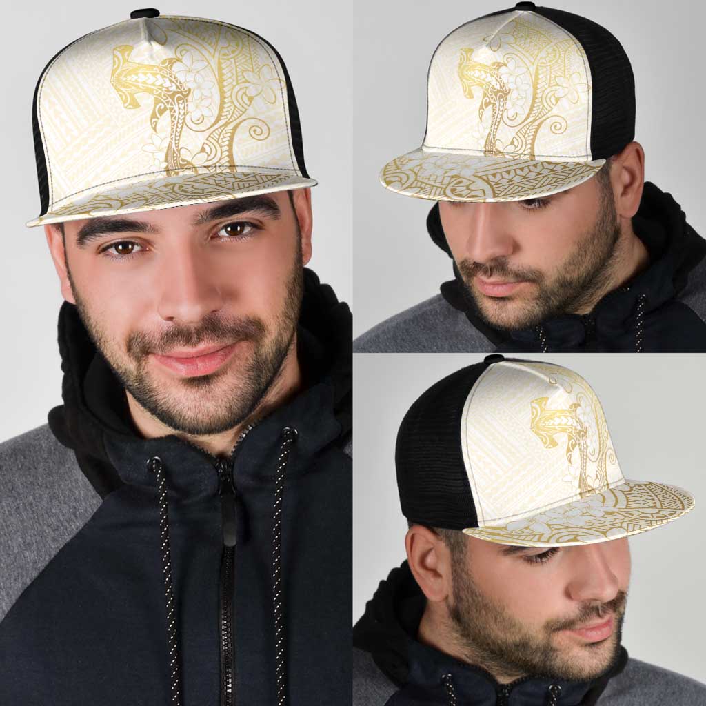 Gold and White Hawaii Mesh Trucker Cap Hammerhead Shark Tattoo Curve Polynesian - Polynesian Pride