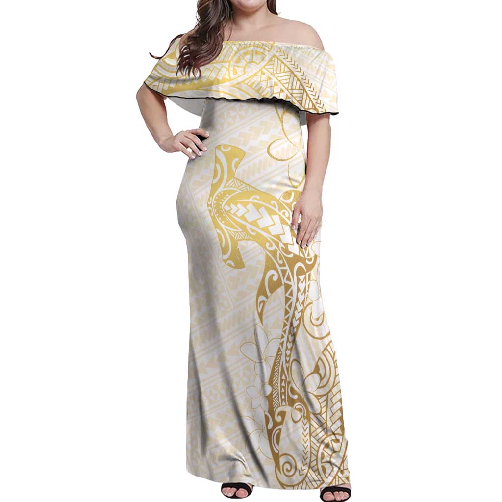 Gold and White Hawaii Off Shoulder Maxi Dress Hammerhead Shark Tattoo Curve Polynesian - Polynesian Pride