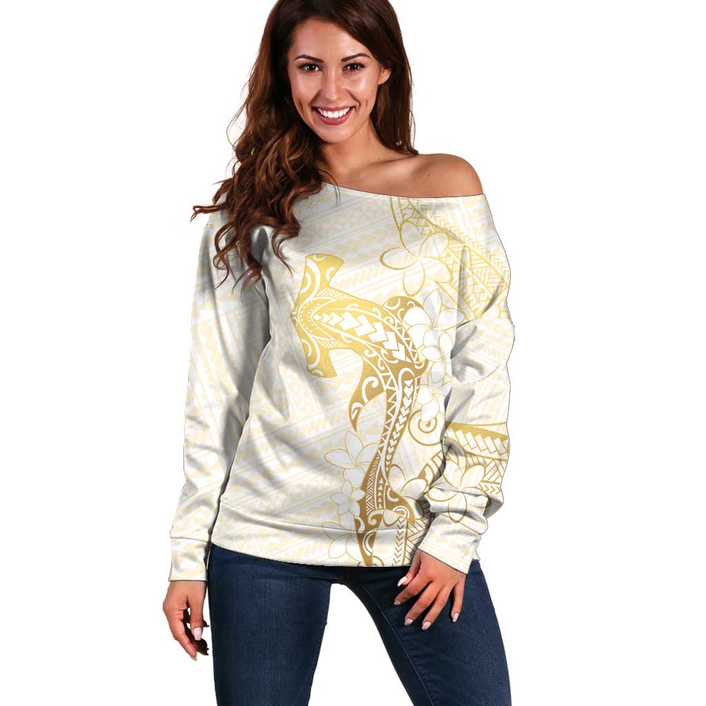 Gold and White Hawaii Off Shoulder Sweater Hammerhead Shark Tattoo Curve Polynesian - Polynesian Pride