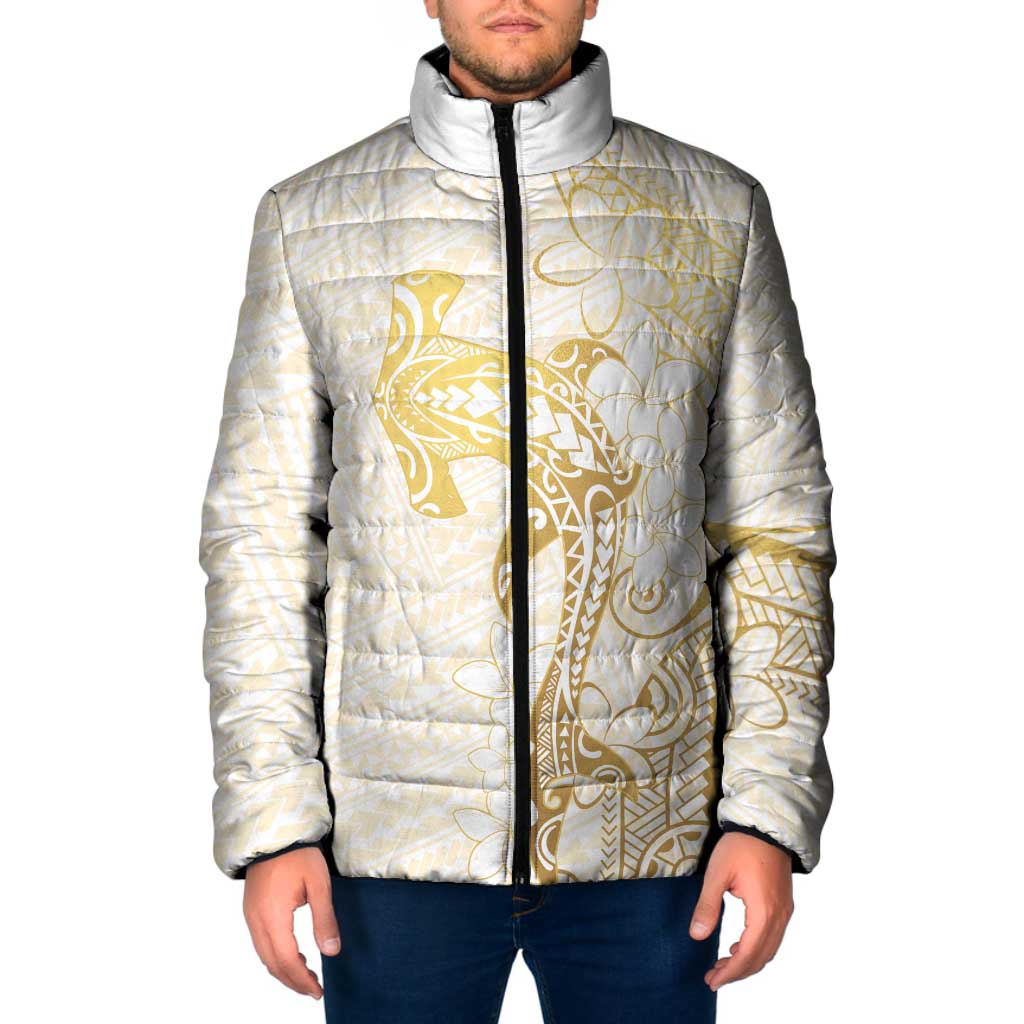 Gold and White Hawaii Padded Jacket Hammerhead Shark Tattoo Curve Polynesian LT14 Men White - Polynesian Pride