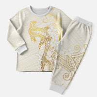 Gold and White Hawaii Christmas Pajama Set Hammerhead Shark Tattoo Curve Polynesian - Polynesian Pride