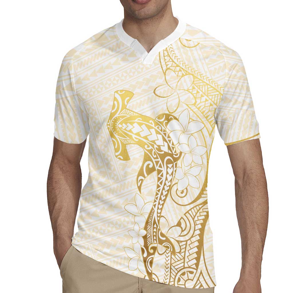 Gold and White Hawaii Rugby Jersey Hammerhead Shark Tattoo Curve Polynesian - Polynesian Pride