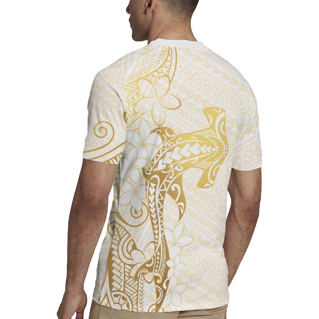 Gold and White Hawaii Rugby Jersey Hammerhead Shark Tattoo Curve Polynesian - Polynesian Pride