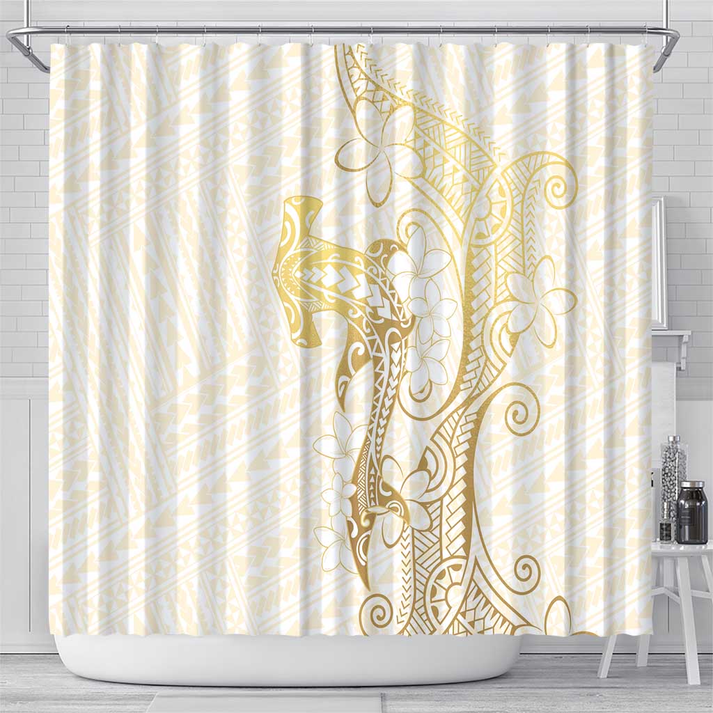 Gold and White Hawaii Shower Curtain Hammerhead Shark Tattoo Curve Polynesian - Polynesian Pride