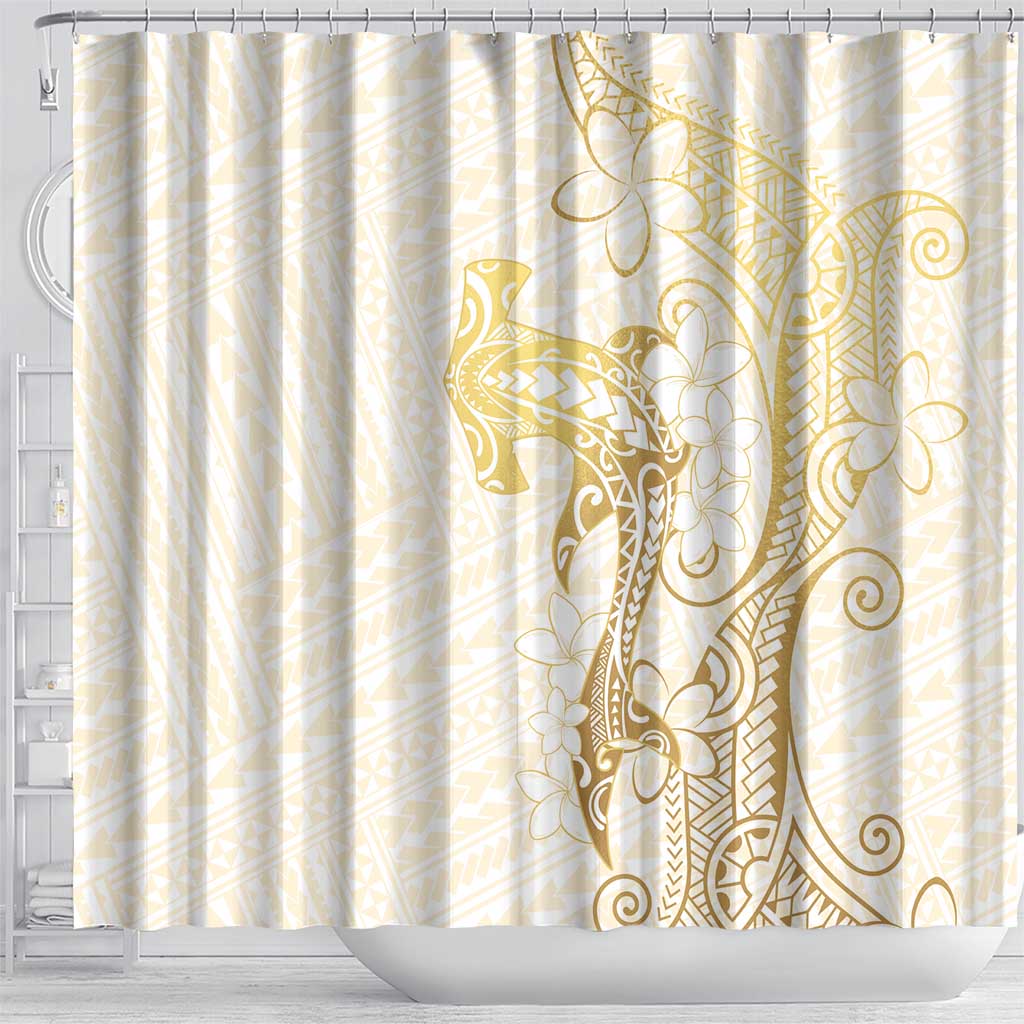 Gold and White Hawaii Shower Curtain Hammerhead Shark Tattoo Curve Polynesian - Polynesian Pride