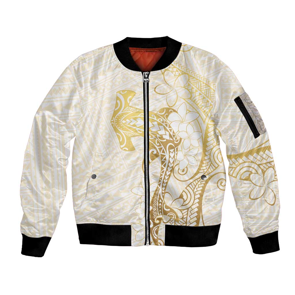 Gold and White Hawaii Sleeve Zip Bomber Jacket Hammerhead Shark Tattoo Curve Polynesian LT14 Unisex White - Polynesian Pride
