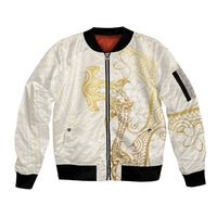 Gold and White Hawaii Sleeve Zip Bomber Jacket Hammerhead Shark Tattoo Curve Polynesian LT14 Unisex White - Polynesian Pride