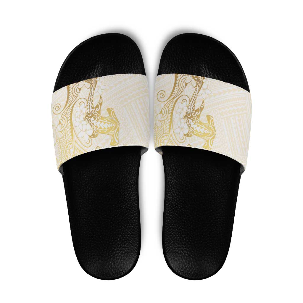 Gold and White Hawaii Slide Sandals Hammerhead Shark Tattoo Curve Polynesian LT14 White - Polynesian Pride