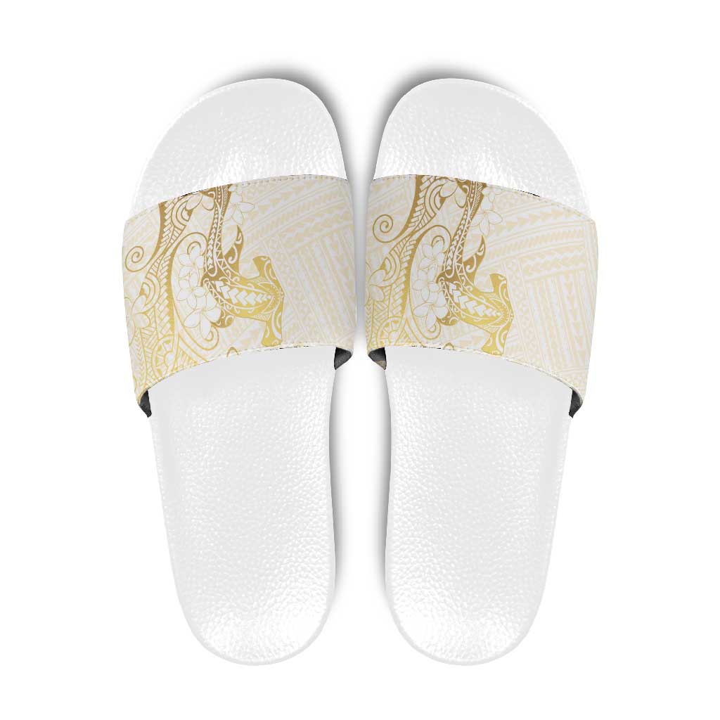 Gold and White Hawaii Slide Sandals Hammerhead Shark Tattoo Curve Polynesian LT14 White - Polynesian Pride